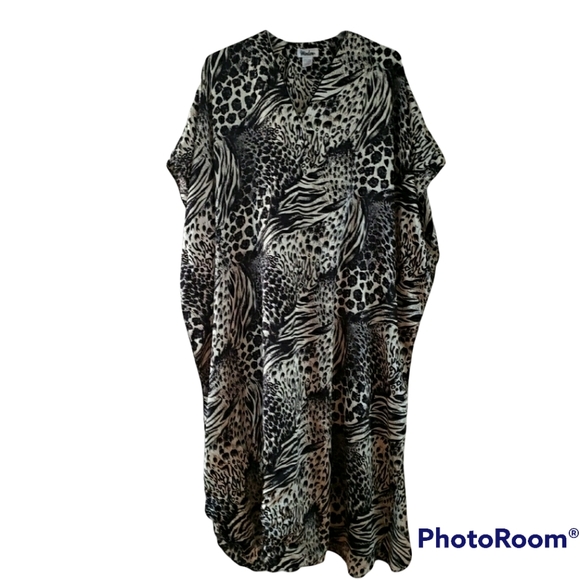 Winlar Caftan Dress Lounge Kimono Mumu Animal Patch Print Black & Cream One Size - Picture 1 of 16